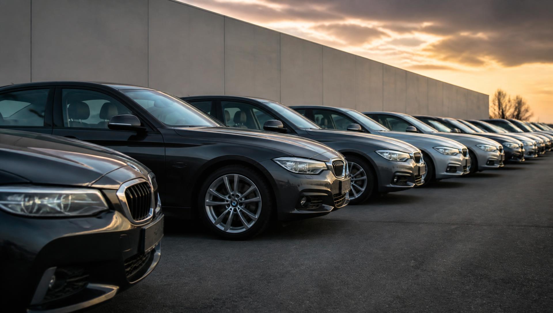 Row of inspected second-hand cars on the F.S. Auto BV lot in Brussels